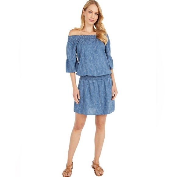 Prana Lenora Off Shoulder Dress in Blue Sprinkle size Medium - Picture 1 of 9